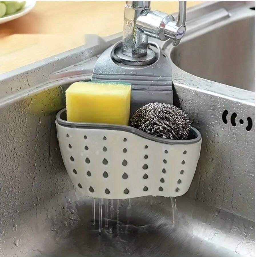Juego de 3 piezas (1 bandeja ajustable para fregadero + 2 esponjas de limpieza) - Estante de almacenamiento multifuncional para cocina, adecuado para esponjas y suministros, sin necesidad de baterías - Multicolor - Ver 1
