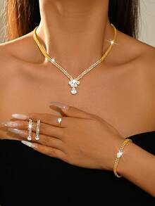 4 piezas Conjunto de joyería nupcial, collar con incrustaciones de cristal, aretes, anillo, pulsera, diseño de gota brillante para novia, adecuado para baile de graduación, boda, compromiso, Día de San Valentín, vacaciones de verano - Multicolor - Ver 9