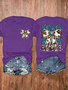 Western Tops Women, Turquoise Bow-Knot Print Round Neck Short Sleeve Top, Gift For Mom, Western Cowgirl Style, Country Outfit, Summer Cowboy Tee, Free Shipping - 紫色 - 查看 5