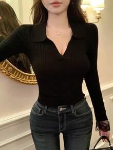 Suéter de manga larga ajustado y casual para mujer, otoño - Negro - Ver 1