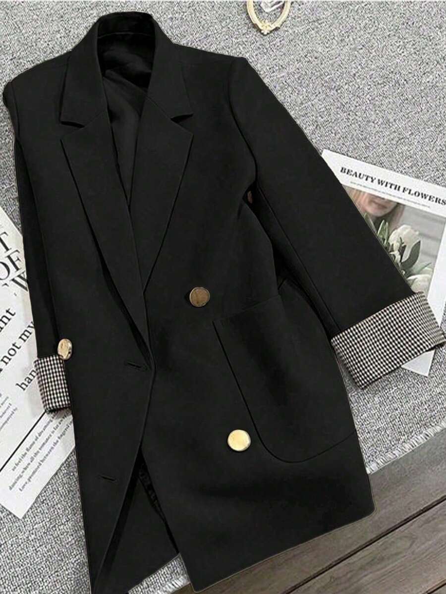 xheFranclia Blazer de verano con estilo francés a cuadros con ribete de mangas ajustado para el trabajo y ocasiones casualesxhe - Negro - Ver 1
