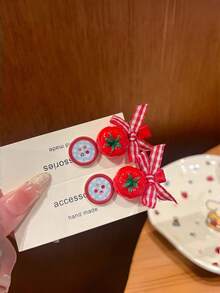 4pcs/Set Cute Tomato & Button Decor Hair Clip Set, Women's Sweet Plaid Bow Alligator Hair Clips, Daily Casual Bangs Clips, Girls Hair Accessories,Claw Clips - Multicolor - View 4