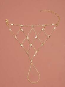 1pc Gold Rhinestone Fishnet Finger Hand Chain, Metal Chain Vintage Niche Hand Accessory, Fashion Party Handchain For Women - Rhinestone Mesh - View 3