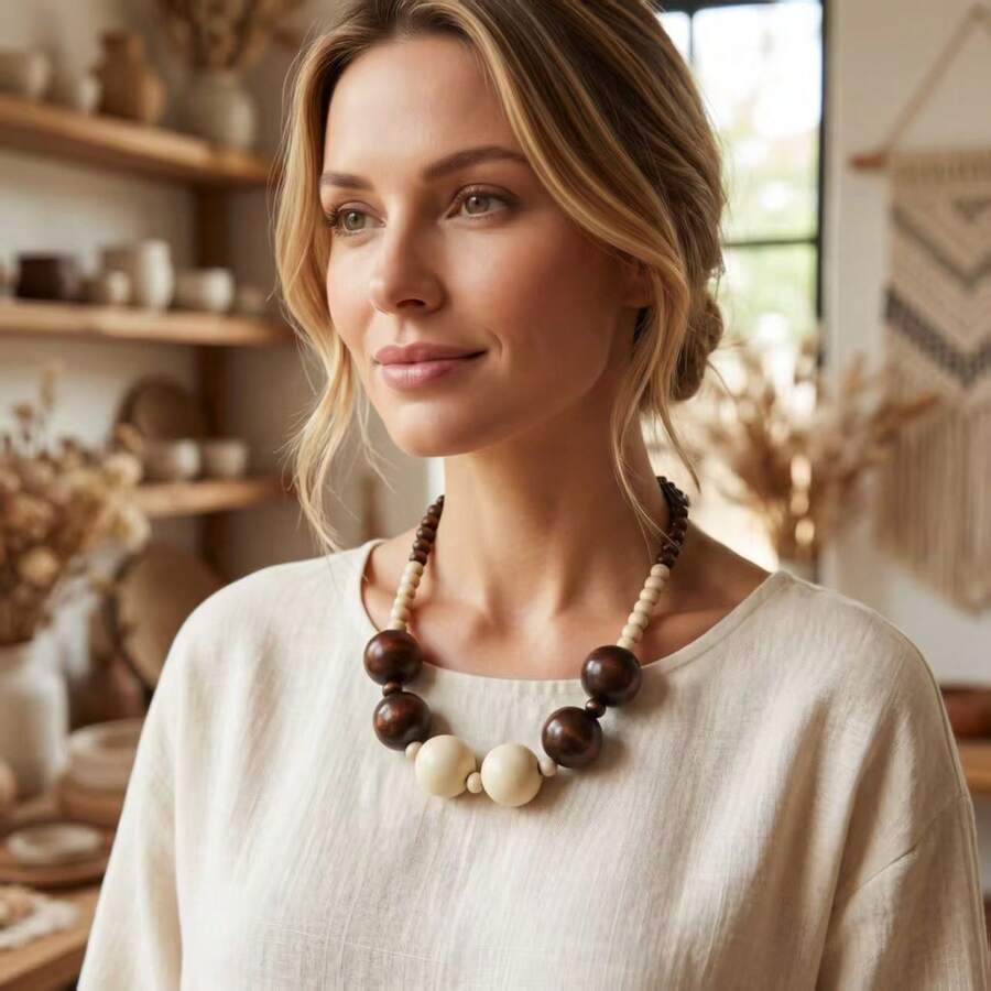 2026 European And American Fashion Short Wooden Bead Necklace Personalized Multicolor Necklace Bohemian Style - Hot Pink - View 1