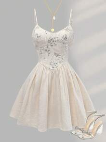 Women's Elegant Embroidered Beaded Waist Ruffle Strap Mini Dress, Solid Color Vintage Elegant Sexy Casual Bohemian Party Woven Fabric White Summer - White - View 3