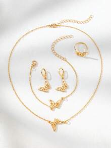 5pcs/Set Women Minimalist Hollow Butterfly Pendant Necklace, Earrings, Bracelet, Ring Jewelry Set, Suitable For Daily Wear - Gold - N1365 - View 5