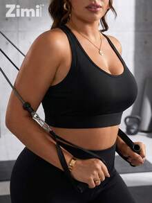 Zimi Collection Sujetador deportivo de alto impacto para mujer de talla grande con copas moldeadas integradas, sin cables, con abertura en forma de ojo de cerradura y espalda cruzada, top corto para entrenamiento, resistencia, correr, boxeo - Negro - Ver 2