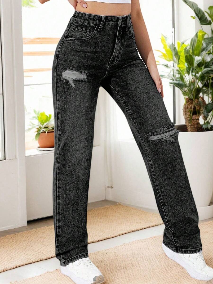 Jeans Mujer Negro Holgado con Roturas - Corte Rectos y Estilo Urbano a la Moda| Pantalón Casual Desgastado, Vaqueros casuales para mujer con agujeros - Negro - Ver 1