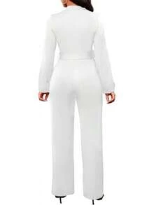 Jumpsuits Women Formal Elegant Long Straight Pants Busineess Party Jumpsuit With Belt Pockets - 白色 - 查看 3