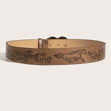 1pc Women's Bronze Horse Metal Buckle Horse Engraved Embossed Belt, A Versatile Decorative Belt For Jeans, Suitable For Daily Travel - 棕色馬 - 查看 4