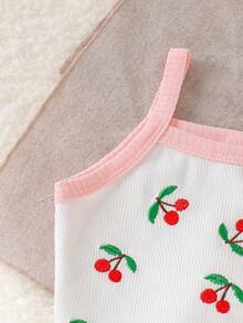 2pcs Baby Girls' Cute Sweet Cherry Pattern Ribbed Camisole Top And Shorts Set, Lightweight Summer Outfit - Baby Pink - View 5