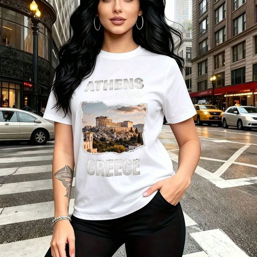 Camiseta de mujer con estampado de Atenas Grecia Acrópolis y texto griego - diseño urbano casual con ajuste cómodo y fresco, estilo viaje y moda veraniega - ideal para paseos por la ciudad, vacaciones o como regalo perfecto para mamá, esposa, novia, - Blanco - Ver 1