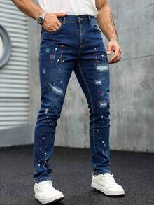 Men's Skinny Jeans With Rips And Paint Details - Royal Blue - View 1