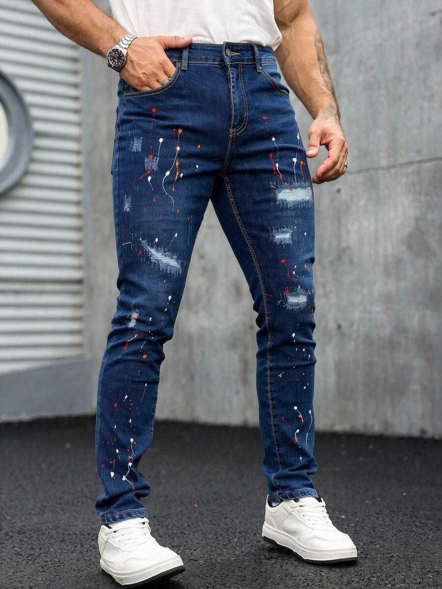 Men's Skinny Jeans With Rips And Paint Details - Royal Blue - View 1