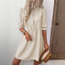 2025 Retro Sweet Style Puff Sleeve Stand Collar Striped Dress For Women Summer - Màu xanh lam - Xem 7