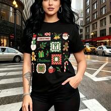 Camiseta de mujer con estampado navideño festivo de nieve, reno y regalos - camiseta casual de manga corta con ajuste cómodo y moderno, estilo urbano perfecto para la temporada - ideal para paseos por la ciudad, reuniones familiares y el regalo perfe - Negro - Ver 9
