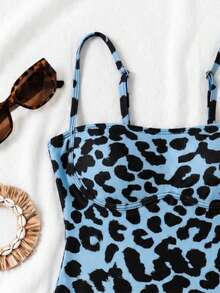 New Blue Leopard Print Elegant Casual Beach Holiday Party Date One-Piece Swimsuit, Spring/Summer - Multicolor - View 4