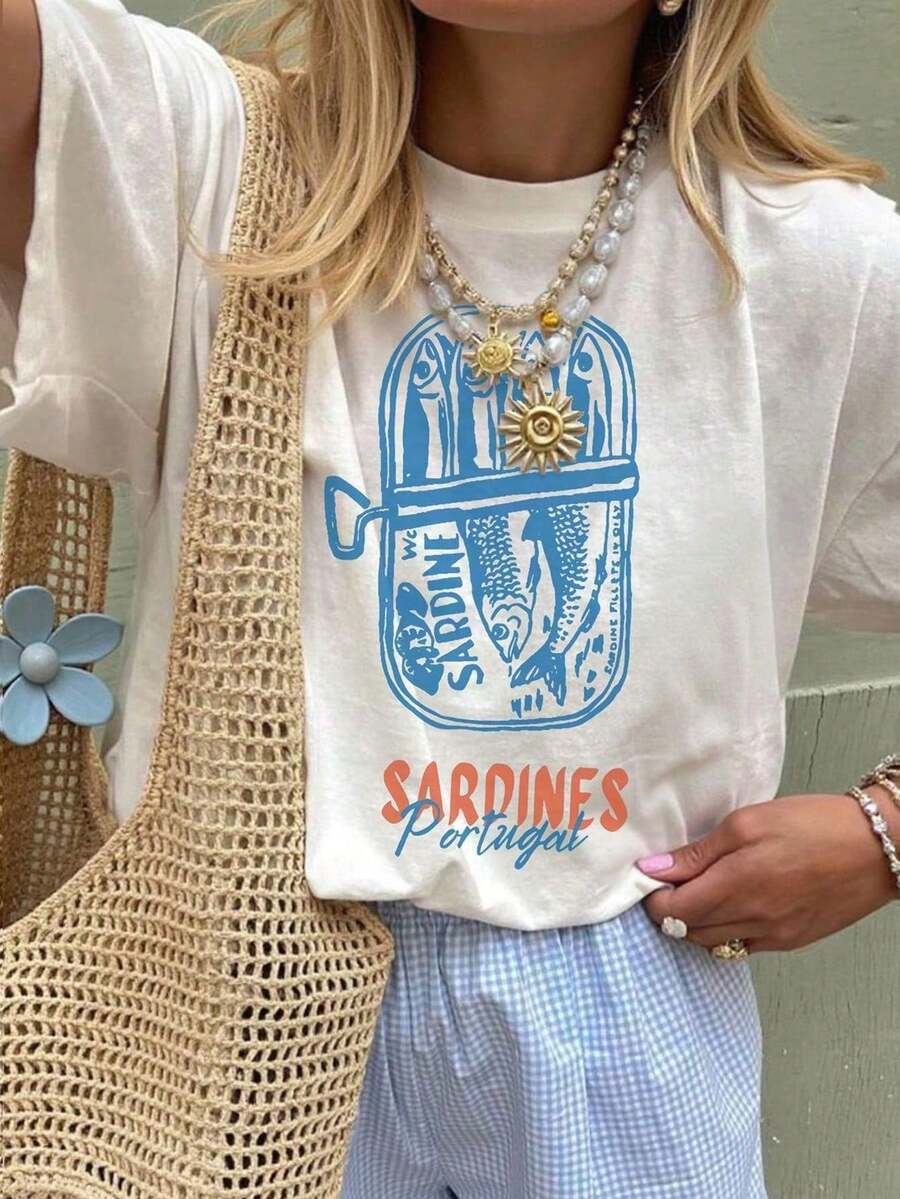 Camiseta de manga corta con cuello redondo y estampado de tinta blanca oversize - Blanco - Ver 1