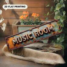 Flat Vintage-Style "MUSIC ROOM" Sign, Featuring Rustic 3D Textured Letters On A Distressed Metal Background With Bolts And Aged Orange-Blue Edges - A - View 4
