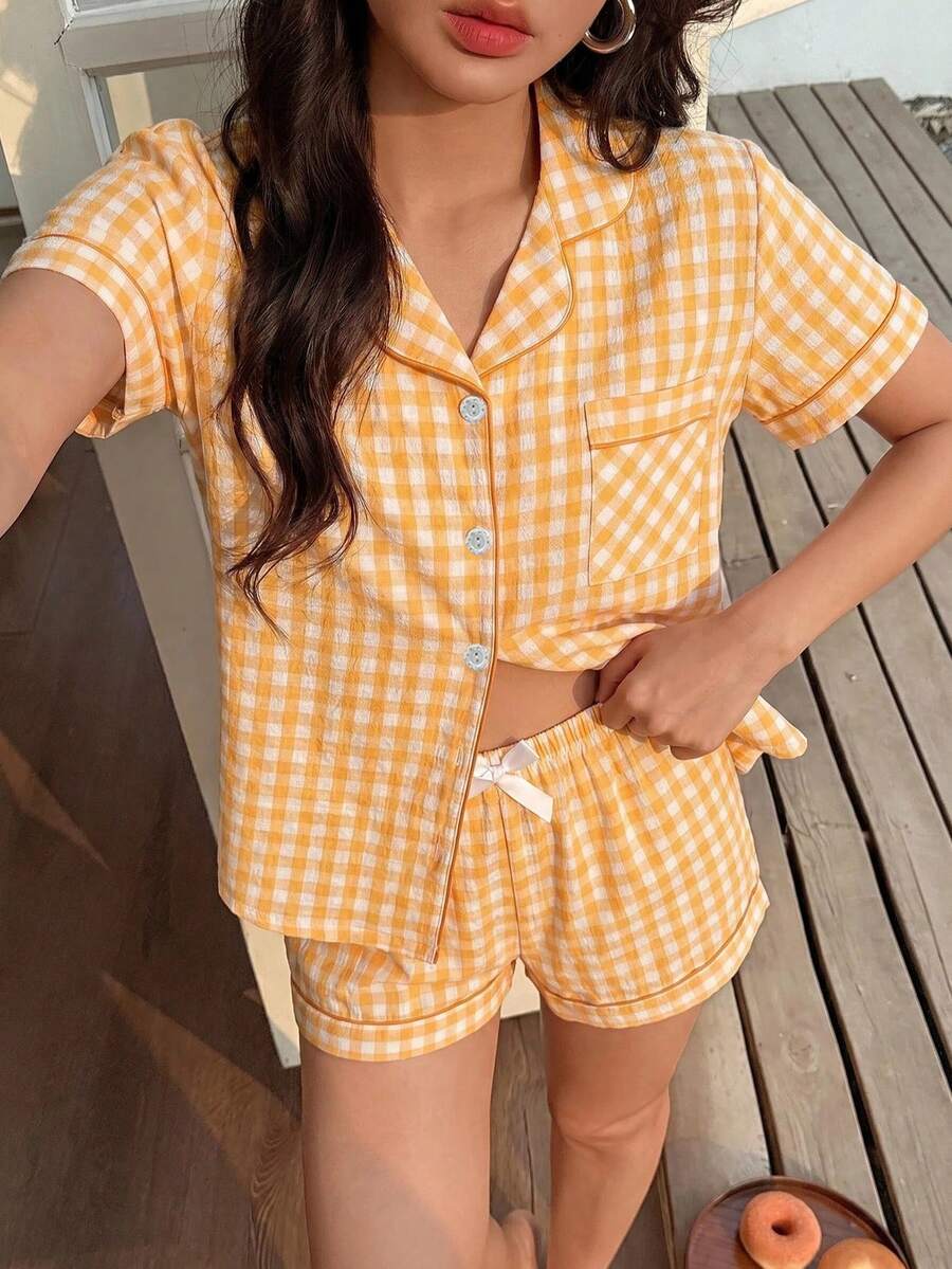 2pcs/Set Women's Comfortable Dual-Color Plaid Print Short Sleeve Collared Top And Bow Shorts Pajama Set, Spring/Summer - Orange - View 1