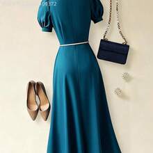 Soqi Women's Clothing Vestido midi elegante y versátil de color azul marino con botones decorativos y cintura ceñida, para uso casual y de oficina, para primavera/verano - Morado - Ver 3