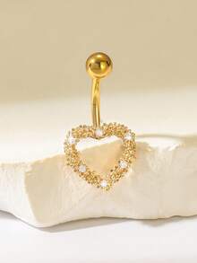 1件銅鍍銀精緻亮面心形立方氧化鋯鑲嵌肚臍環，適合女性派對與聚會裝飾 - 金黃色 - 查看 1