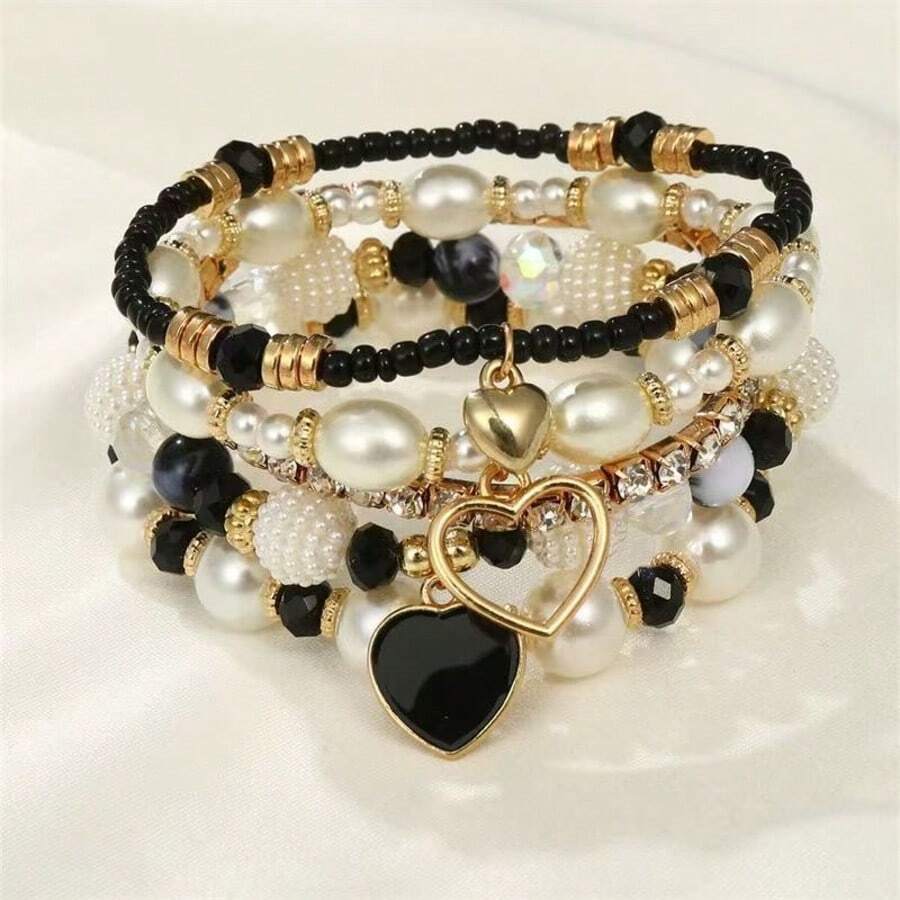 5件組珍珠與水晶串珠手鍊,黑色愛心吊墜,手工串珠手鍊,時尚百搭疊戴手鍊,適合女性,禮物 - 黑與白 - 查看 1