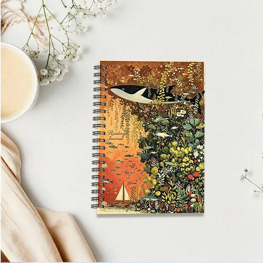 1PC Caderno de Papel A5 Volta às Aulas, Capa com Ilustração de Tema de Baleia Oceânica em Tons Castanhos Vintage, Caderno com Encadernação em Espiral, Adequado para a Época de Volta às Aulas, Época de Abertura Escolar, Registo Diário, Check-In de Leitura - A5 - Ver 1