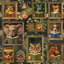 1 Roll Vintage Animal Pattern Self-Adhesive Wall Wallpaper, Peel And Stick Removable Wallpaper, Fun Reading Animal Wall Decal, Dark Academia Library Style, Suitable For Living Room, Bedroom, Study, Home Decor, Classroom, Cabinet, Niche, Bookshelf, Furniture Refurbishment, Decorative Wall Wallpaper, 17.32in Wide, DIY Decorative Sticker - Animal - View 15