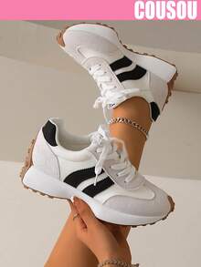 2026 New Women's Thick Sole Sneakers, Lace-Up Casual Chunky Sneakers, Breathable Patchwork Platform Shoes For Spring/Summer - White - View 3