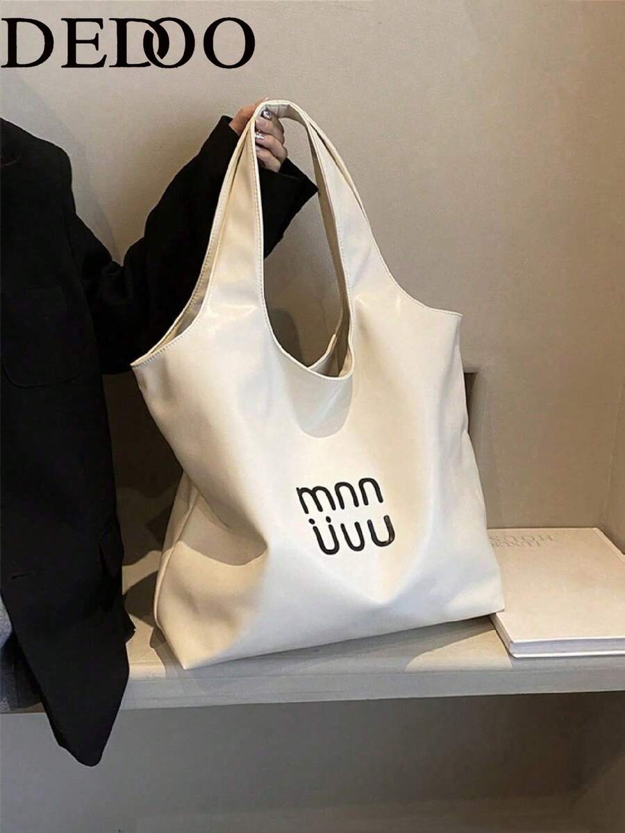 Dedoo 女款大容量單肩托特包,字母印花金屬感皮革,適合年輕女性日常通勤、購物、休閒手提包,四季皆宜 - 白色 - 查看 1