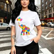 Camiseta de mujer con estampado de elefante colorido y patchwork multicolor sosteniendo globos - camiseta casual de manga corta, ajuste cómodo y moderno, estilo urbano y festivo - ideal para paseos por la ciudad, salidas casuales y regalo perfecto pa - Blanco - Ver 8