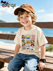 Disney Toy Story Children's T-Shirt Color Letter Nine Grid Cartoon Front And Back Printed Men's And Women's Rice Apricot Short Sleeved Top, Machine Washed And Not Easy To Deform, Comfortable And Stylish To Wear, Perfect For Creating Personalized Styles In Summer - Apricot - View 3