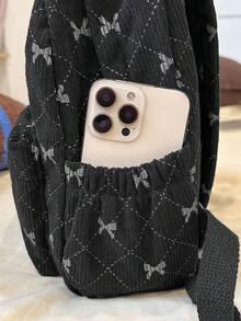 大容量女款後背包，簡約蝴蝶結設計，百搭時尚，小巧休閒燈芯絨媽媽包，適合學生 - 彩色 - 查看 8