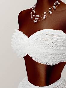 Conjunto de Top Cropped Bandeau com Nó Torcido e Textura Casual de Praia e Saia Envelope, /Verão - Branco - Visão 8