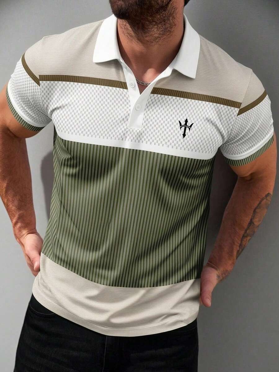 Camisa polo casual de manga corta con bloques de color para hombres, para ir al trabajo - Multicolor - Ver 1