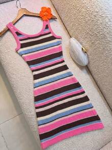 Vibrant Color-Block Striped Bodycon Knit Dress, Sleeveless, Spring/Summer Dress, Women's Holiday Outfit, Party Dress - Red Violet - View 4