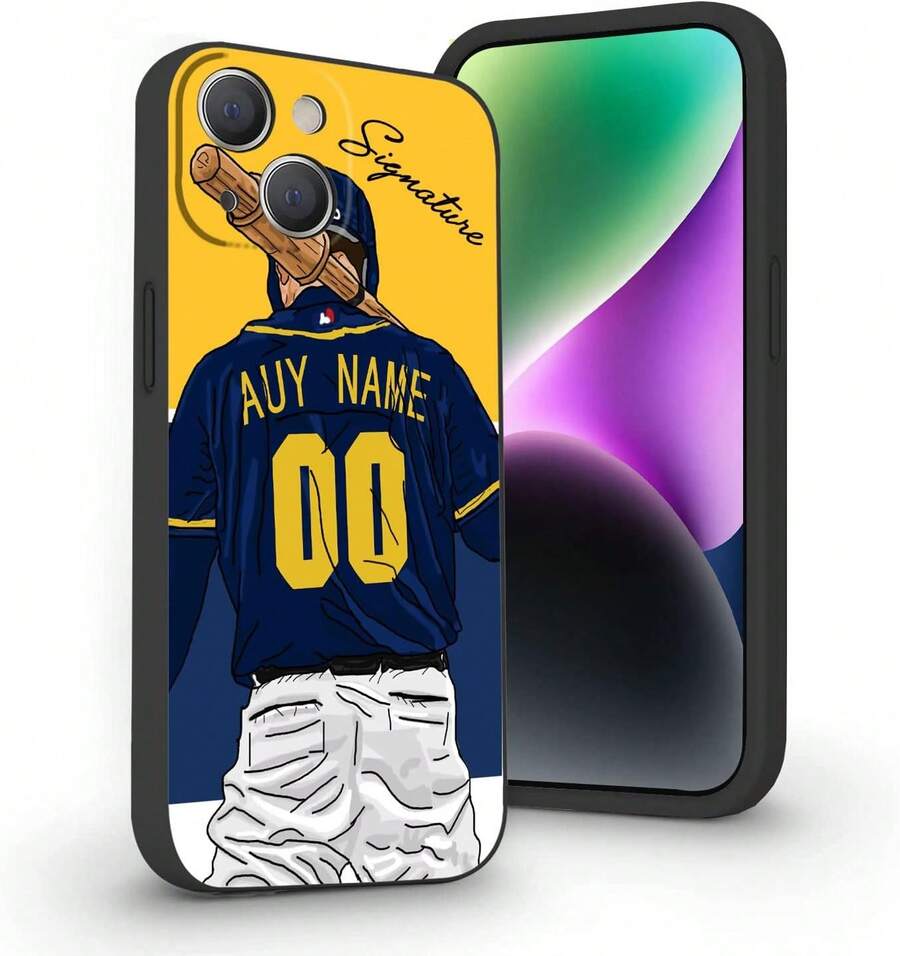 Funda de Béisbol Personalizada con Nombre y Número para 16 15 Pro 14 13 12 11 XS XR SE3 8 6 Plus 11 Pro, Silicona Líquida con Protección de Cámara, Funda de Teléfono con Firma Personalizada () - Modelo Milwaukee - Ver 1