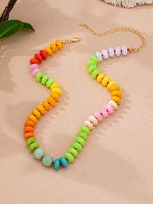 Collares de cuentas de arcoíris de colores en capas para mujeres - Conjunto de gargantilla de cuentas de disco de colores de caramelo vibrantes, joyería de declaración bohemia de verano - Multicolor - Ver 7