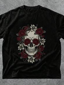 Unisex T-shirt i ren bomull, Gothic Skull Rose Shirt |   Mörk romantisk tatueringstil  T-shirt, sommar-t-shirt, blus, basplagg, toppar, kreativ design, utomhuslek, cool stil, rolig design, söt stil, sommaroutfit, kreativ design, utomhuslek, cool stil, rolig design, söt stil, sommaroutfit - Svart - Visa 1