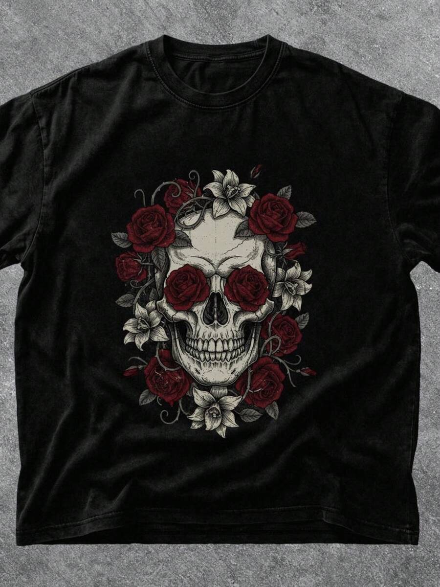 Unisex T-shirt i ren bomull, Gothic Skull Rose Shirt | Mörk romantisk tatueringstil T-shirt, sommar-t-shirt, blus, basplagg, toppar, kreativ design, utomhuslek, cool stil, rolig design, söt stil, sommaroutfit, kreativ design, utomhuslek, cool stil, rolig design, söt stil, sommaroutfit - Svart - Visa 1