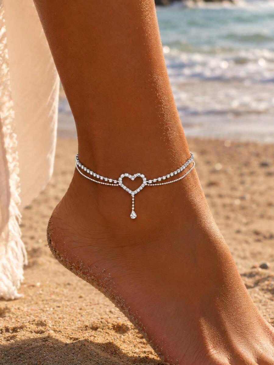 1pc Fashionable Sparkling Sexy Random Micro-Inlaid Rhinestone Hollow Heart Water Drop Pendant Anklet For Women, Suitable For Festivals, Parties And Daily Wear (Special Craftsmanship, Please Do Not Pull Forcefully) - Silver - View 1