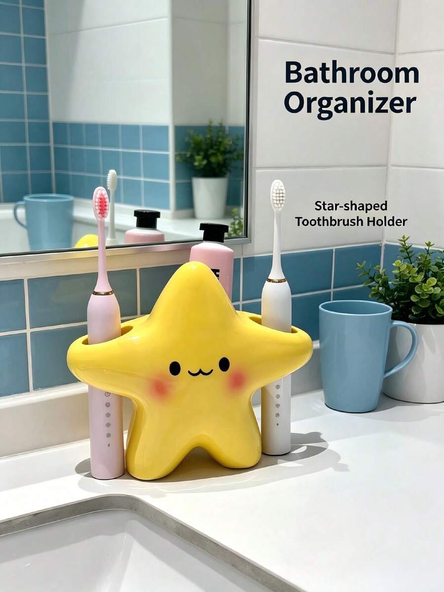 1pc Cute Star-Shaped Plastic Toothbrush Holder - Freestanding Bathroom Storage Rack, Cute Design, Durable Plastic Desktop Organizer, Space-Saving, Can Hold Toothbrushes And Toothpaste, Dorm Essential Storage Item, Bathroom Decor, Bathroom Storage, Room Decor, Bedroom Decor, Christmas Decor, Convenient For Organizing And Storing, Bathroom Storage Organizer, Bathroom Shelf, Vanity Makeup Organizer (Sticker Pattern Needs To Be Applied Separately)