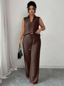 PARARAL Plus Size Women's Summer Casual Solid Color Sleeveless Top And Pants Two Pieces Set Elegant - Brown - View 11