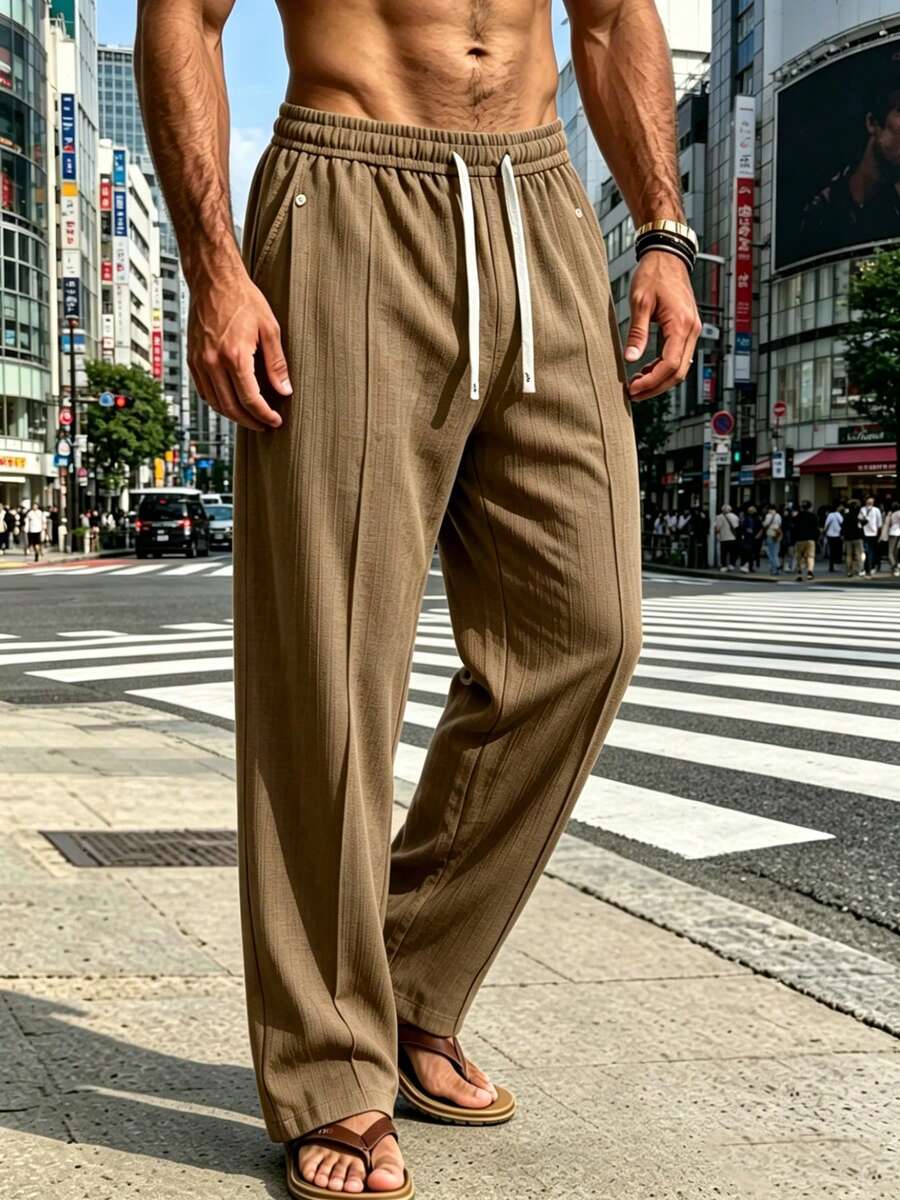 Men's Casual Wide Leg Drawstring Pants, Elastic Waist Lightweight Long Pants With Pockets, Solid Color Street Style Sports - Khaki - View 1