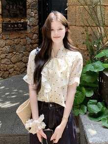 2026 New Arrival French Ruffle Heart Polka Dot Chiffon Blouse, Bowknot Short Sleeve Top, Elegant For Autumn Summer - Apricot - View 7