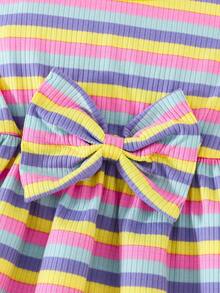 2pcs/Set Toddler Girls' Casual Cute & Elegant Bow Decor Striped & Solid Color Ruffle Hem Dress Outfit, Summer - Multicolor - View 4