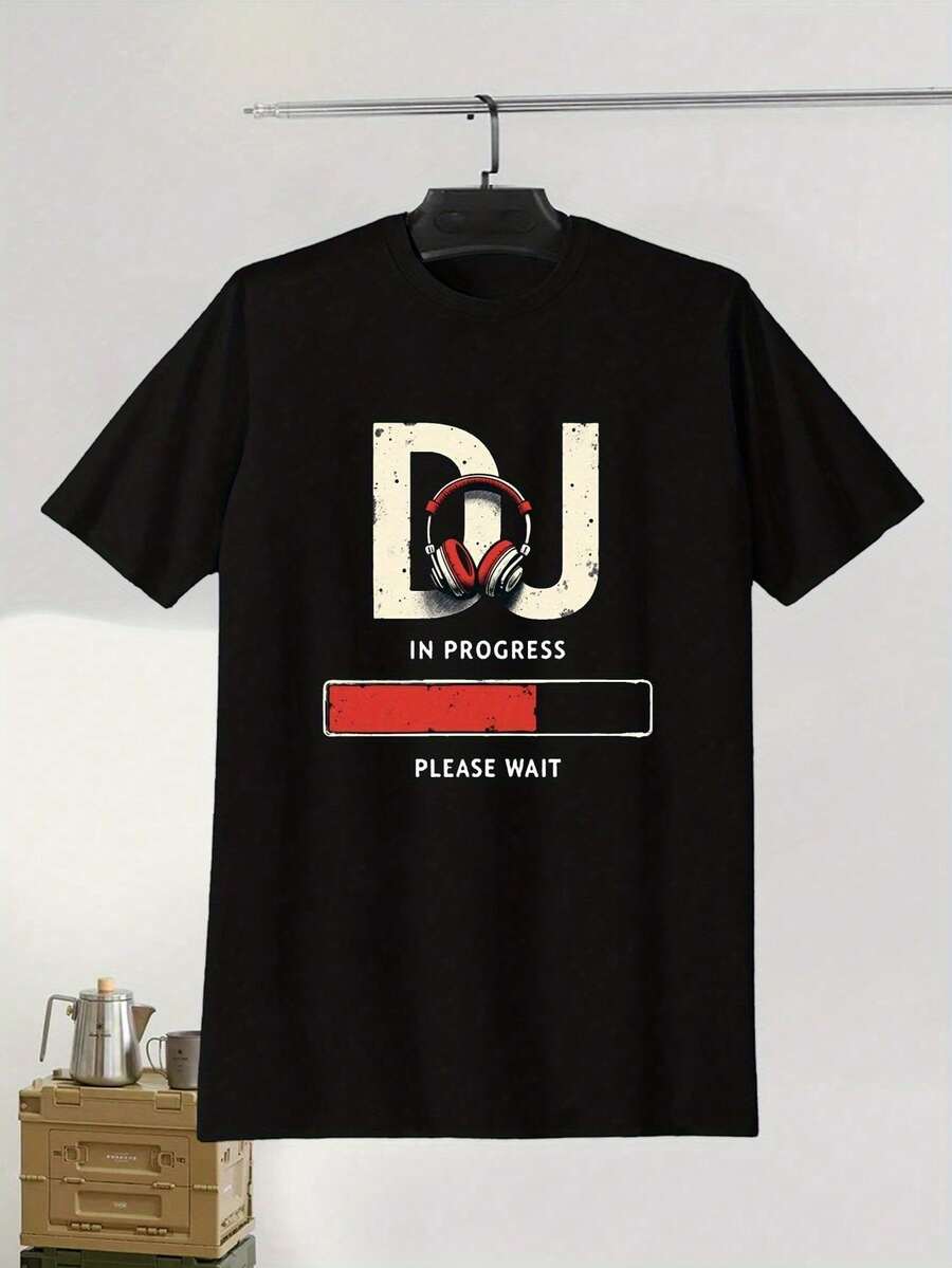 Men's Large Size T Shirt,Printed"DJ In Progress"Words,Large Size. - Black - View 1