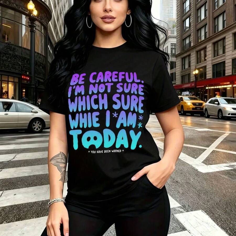 Camiseta de mujer con estampado gráfico en texto colorido "BE CAREFUL I'M NOT SURE WHICH SURE WHIE I AM TODAY" y frase "* you have been warned *" - camiseta casual de cuello redondo, ajuste cómodo y moderno con estilo urbano y actitud rebelde - ideal - Negro - Ver 1