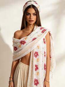 1pc Floral Embroidered & Tie-Dye Scarf, Oversized Shawl, Fashionable & Versatile Solid Color Scarf, Bohemian Style - White - View 4